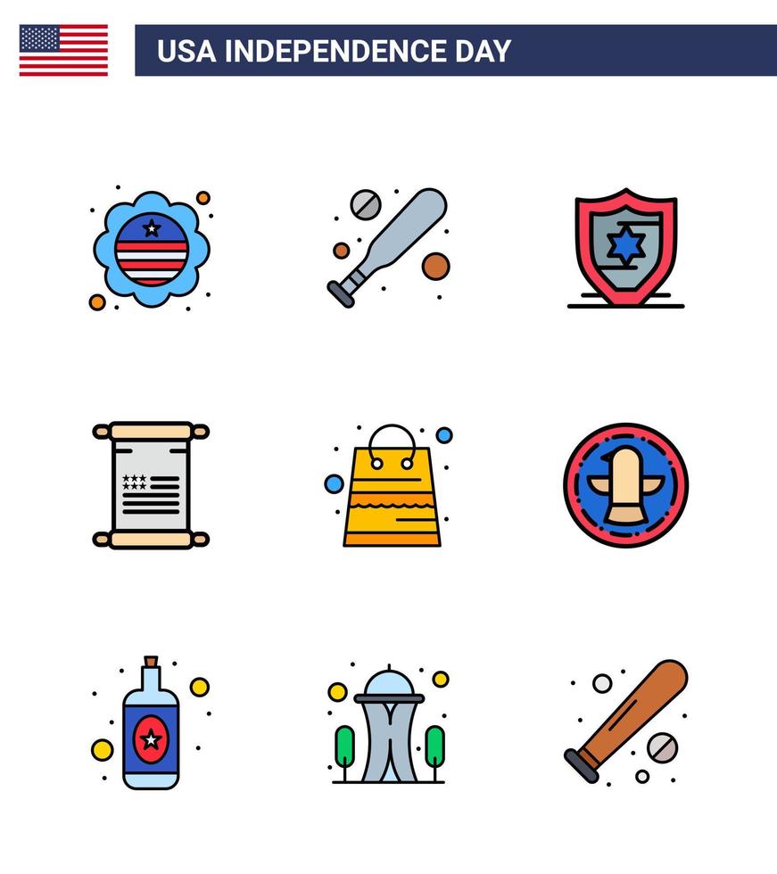 feliz dia da independência eua pacote de 9 linhas planas criativas cheias de saco de proteção de dinheiro de loja americano editável elementos de design de vetor de dia dos eua