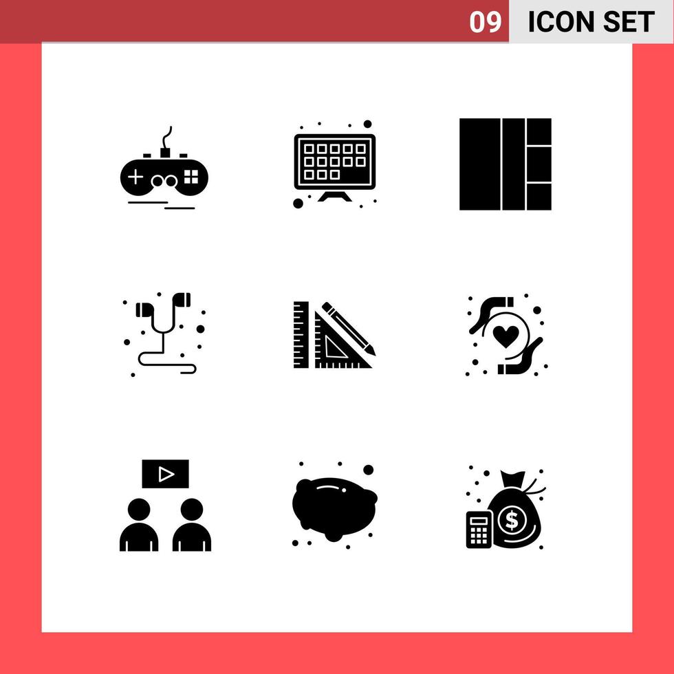 pacote de interface de usuário de 9 glifos sólidos básicos de construção de layout de lápis de régua smartphone elementos de design de vetores editáveis