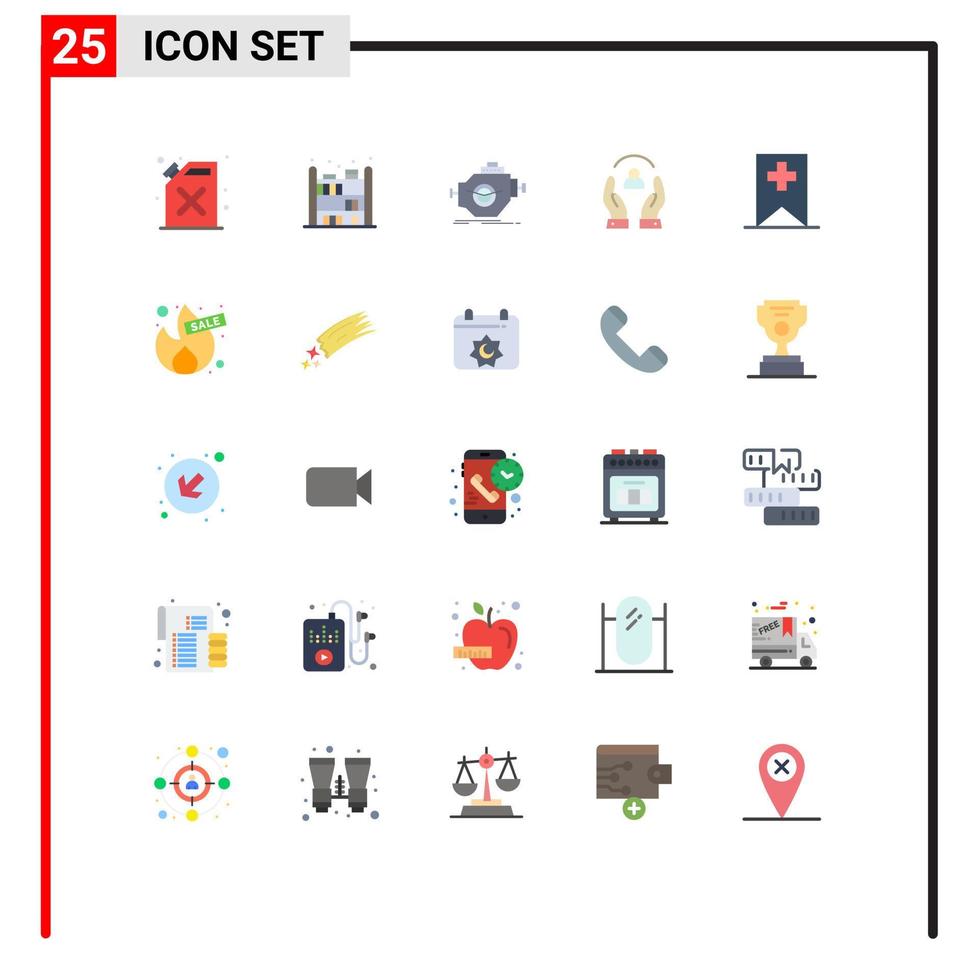 Pacote de cores planas de 25 interfaces de usuário de sinais e símbolos modernos de máquinas de proteção adicionais, pessoas que cuidam de elementos de design vetorial editáveis vetor