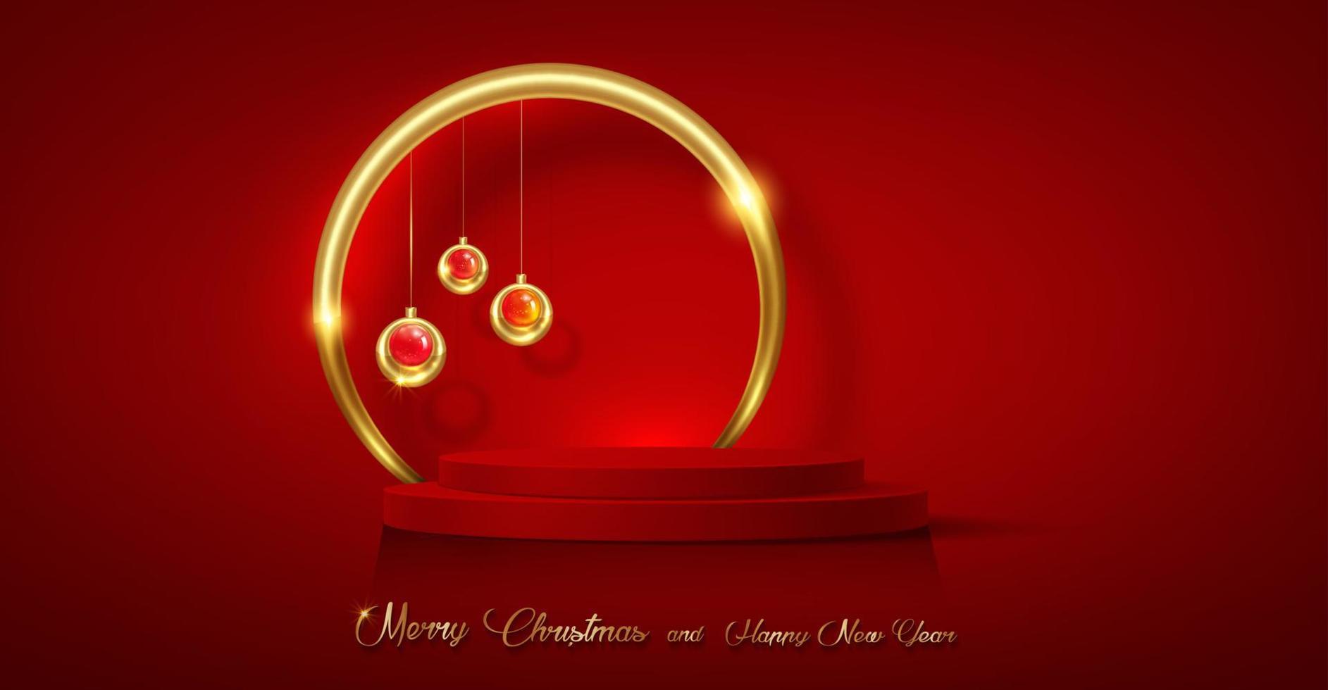 pódio de natal 3d, feliz festa de ano novo, enfeites de ouro com forma cilíndrica de exibição de produto, decoração festiva de círculo dourado para as férias. modelo de luxo, vetor isolado em fundo vermelho