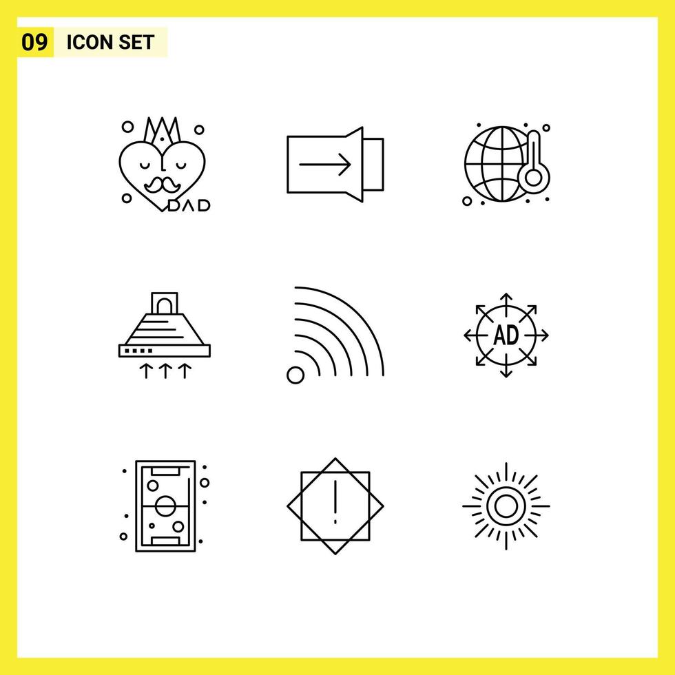conjunto de 9 sinais de símbolos de ícones de interface do usuário modernos para notícias, poluição de fumaça, exaustão, cozimento, elementos de design de vetores editáveis