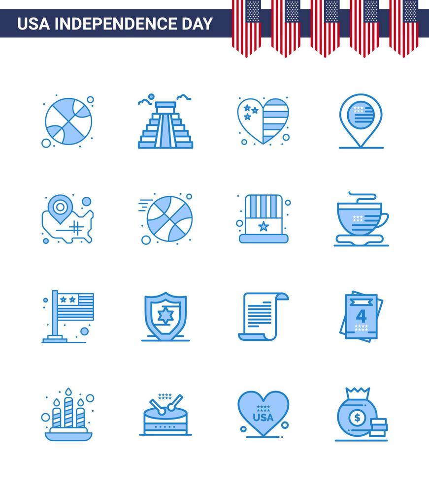 conjunto de 16 ícones do dia dos eua símbolos americanos sinais do dia da independência para estados assinar mapa do coração americano editável dia dos eua vetor elementos de design