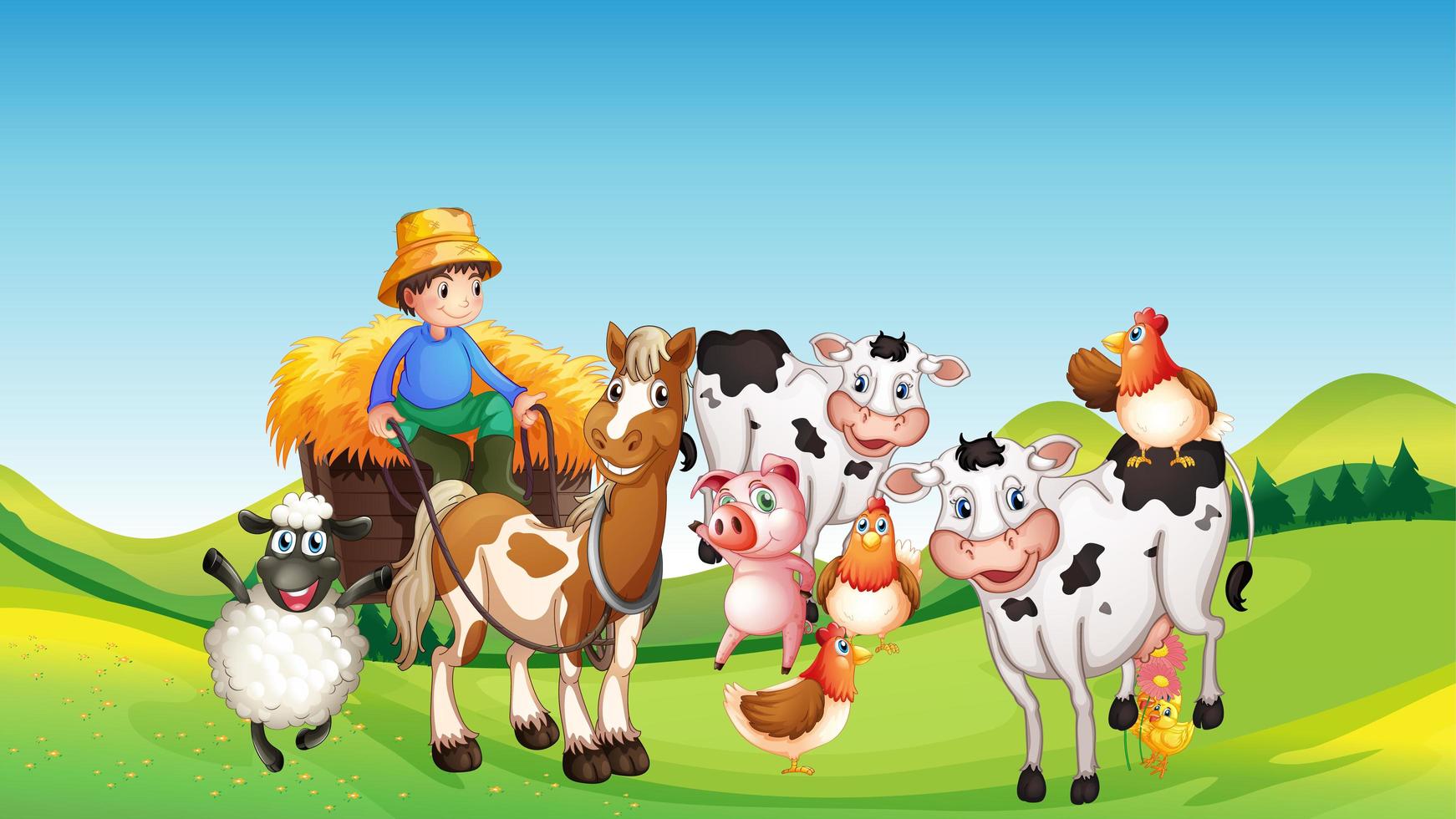 cena de fazenda com estilo de desenho animado de fazenda de animais vetor