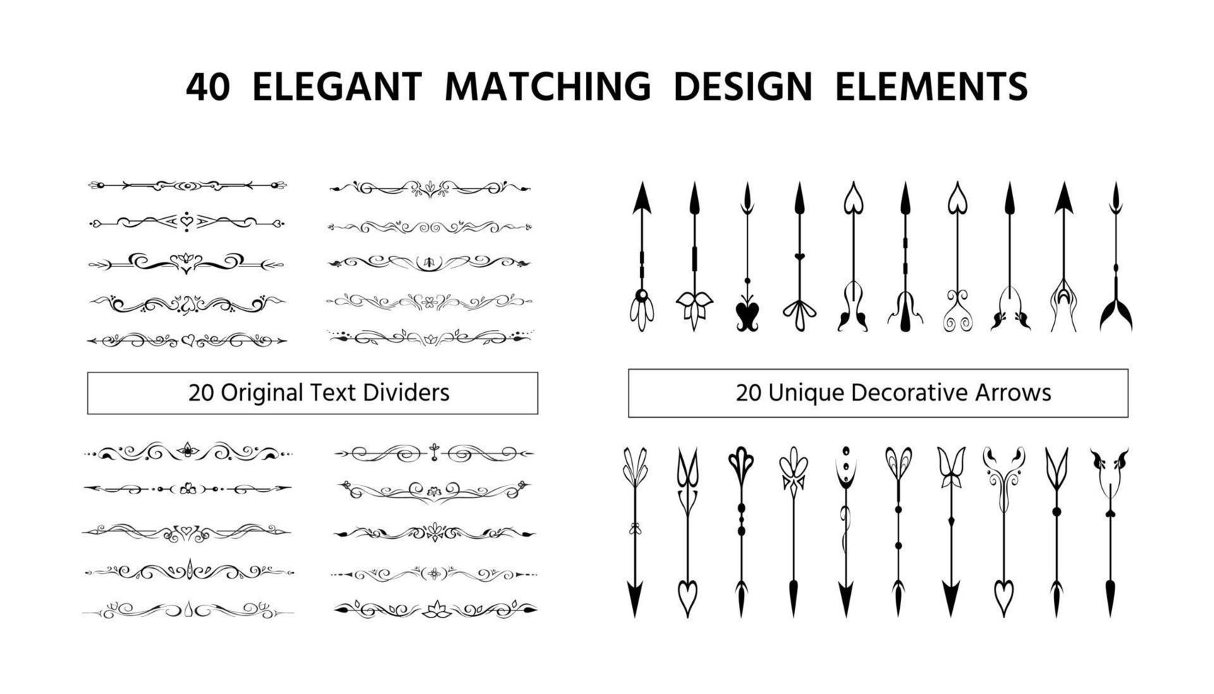 conjunto de 20 divisores de texto desenhados à mão, vinhetas caligráficas. linhas retrô elegantes, bordas, separadores de parágrafo e setas, decoração de página ou para molduras. elementos de design romântico editáveis para impressões vetor