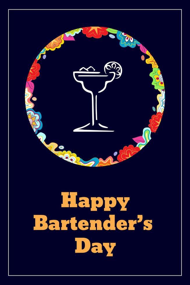 feliz dia nacional do barman, cumprimentando no estilo doodle. coroa de flores coloridas e coquetel margarita em fundo preto. cartão engraçado desenhado à mão, cartaz, folheto vetor
