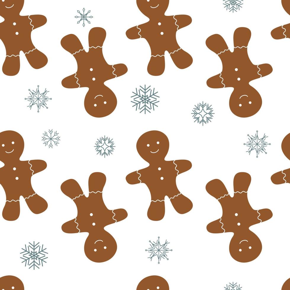 padrão perfeito de homens de biscoitos de natal em fundo branco, flocos de neve e biscoitos em estilo cartoon vetor