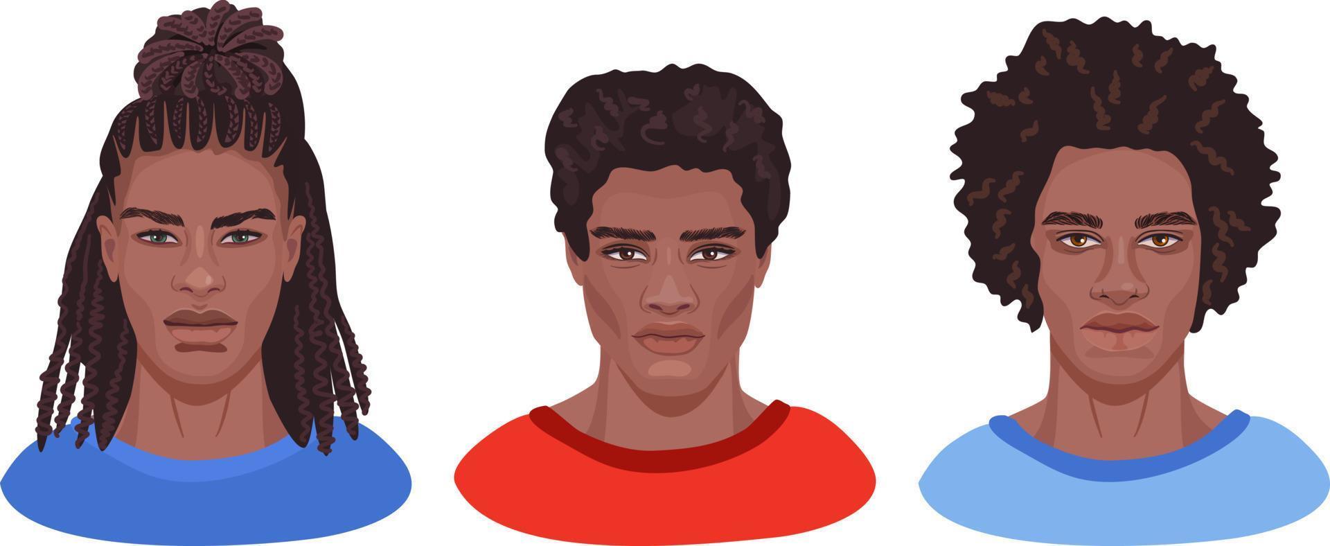 um conjunto de retratos masculinos detalhados com penteados diferentes. belos tiros na cabeça de homens africanos adequados para avatares de mídia social. vetor