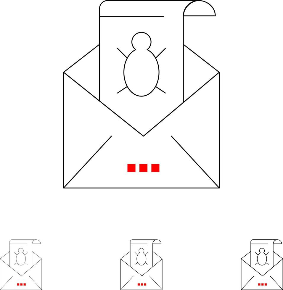 bug e-mails e-mail malware spam ameaça vírus conjunto de ícones de linha preta em negrito e fino vetor