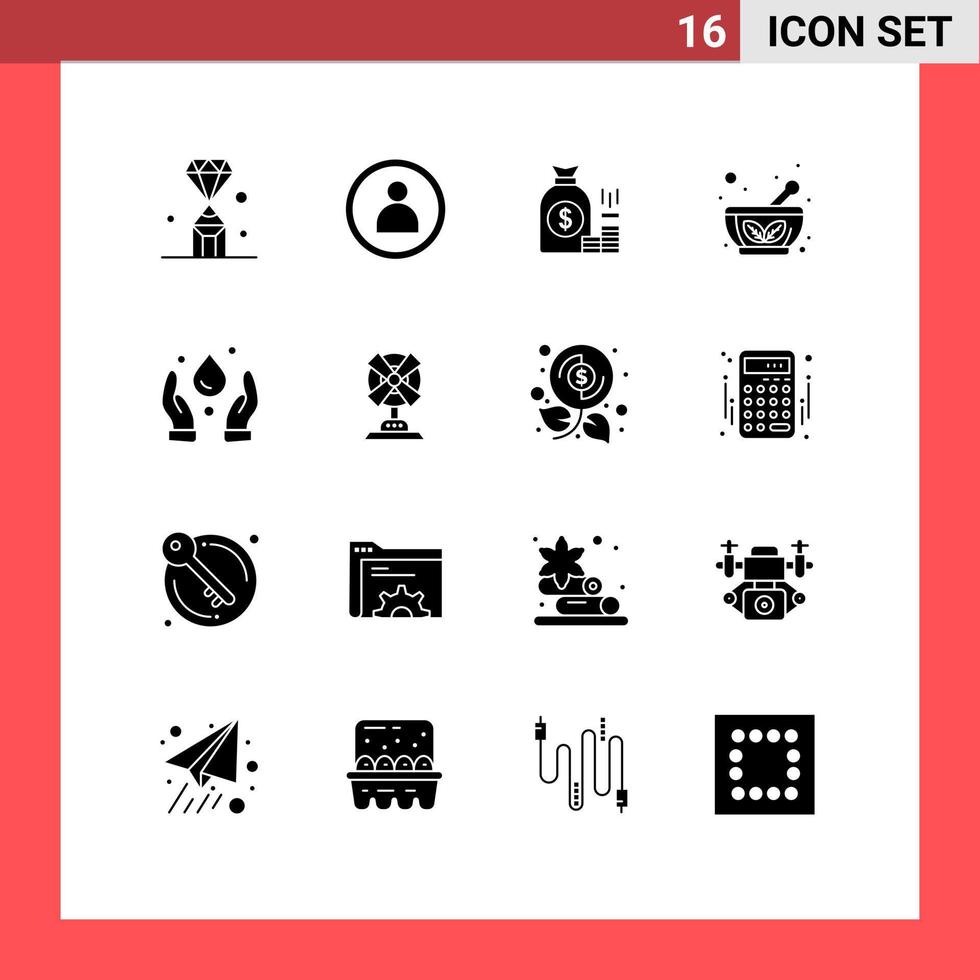 16 conceito de glifo sólido para sites móveis e aplicativos tigela de ervas tigela dinheiro riqueza ouro elementos de design de vetores editáveis