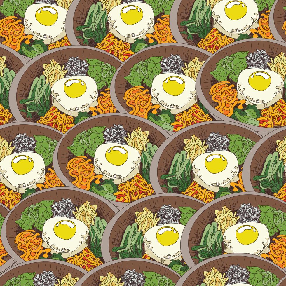 ilustração de bibimbap de comida coreana desenhada à mão. receita de bibimbap padrão sem emenda. prato tradicional coreano bibimbap com ovo frito, lula, camarão, pepino, rebentos de soja e algas marinhas. fundo de comida asiática vetor