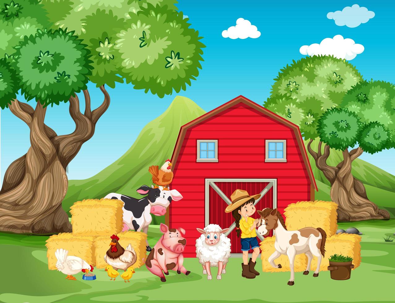 cena de fazenda com fazendeiro e muitos animais na fazenda vetor