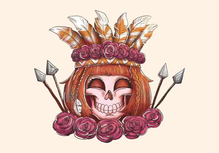 Boho Woman Skull Smiling With Arrow Rosas e penas vetor