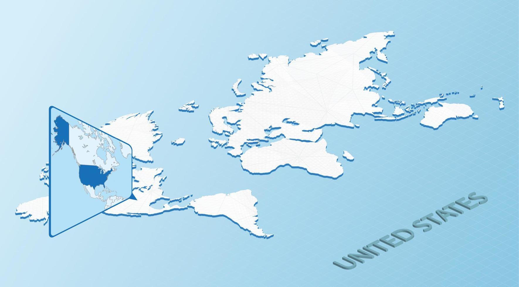 mapa-múndi em estilo isométrico com mapa detalhado dos eua. mapa dos eua azul claro com mapa-múndi abstrato. vetor