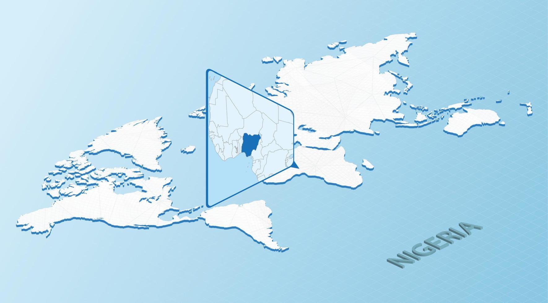 mapa-múndi em estilo isométrico com mapa detalhado da Nigéria. mapa da nigéria azul claro com mapa-múndi abstrato. vetor