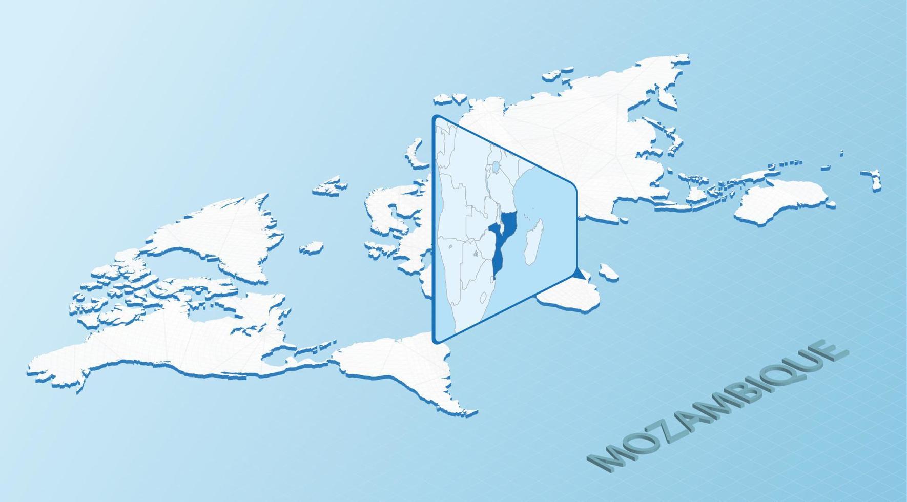 mapa-múndi em estilo isométrico com mapa detalhado de moçambique. mapa de moçambique azul claro com mapa do mundo abstrato. vetor