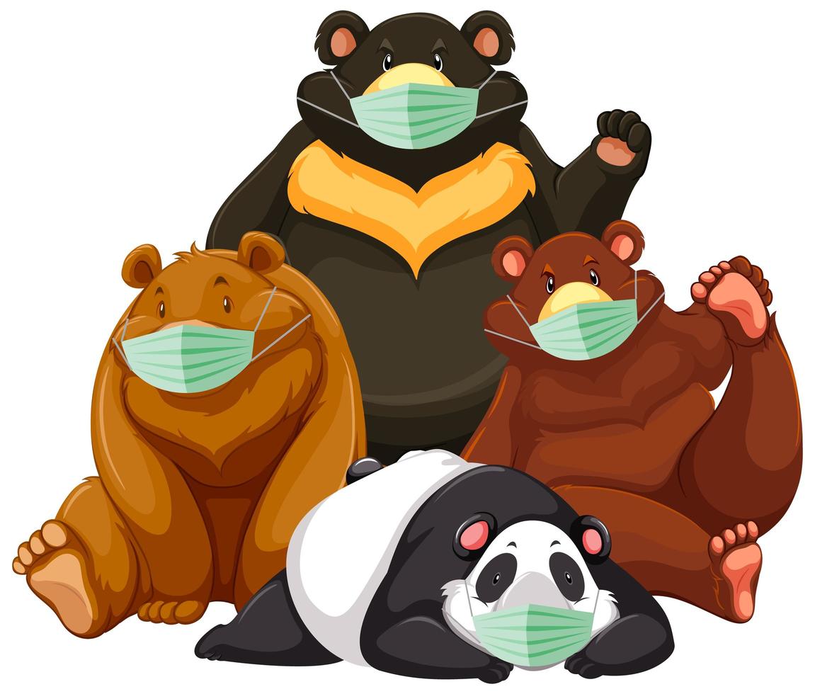 quatro tipos de personagem de desenho animado de urso usando máscara vetor