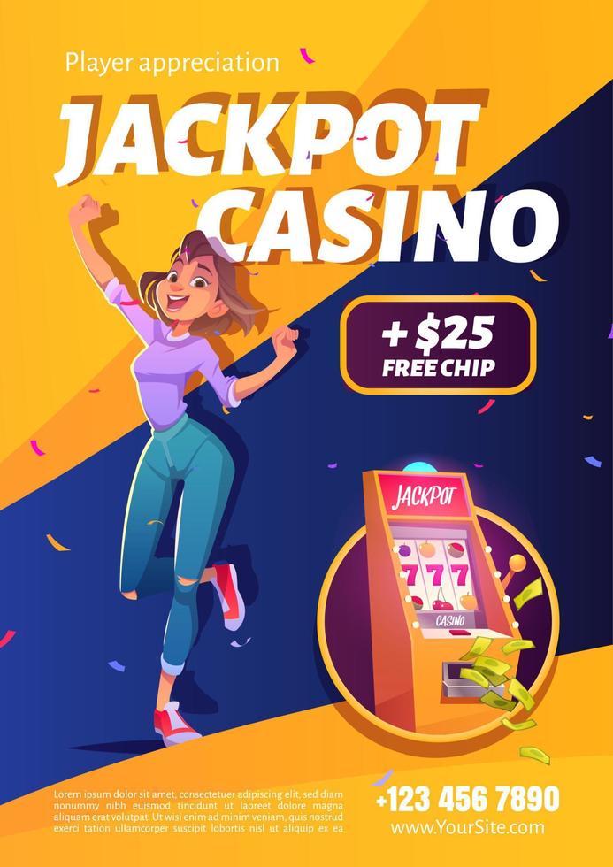 cartaz de desenho animado de anúncio de vitória de cassino de jackpot de caça-níqueis vetor