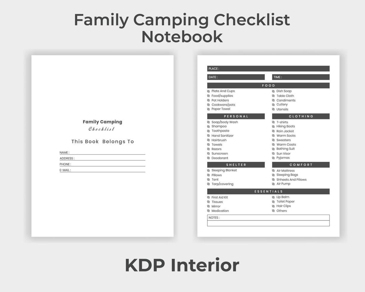 modelo de design exclusivo do caderno de lista de verificação de acampamento da família interior kdp vetor