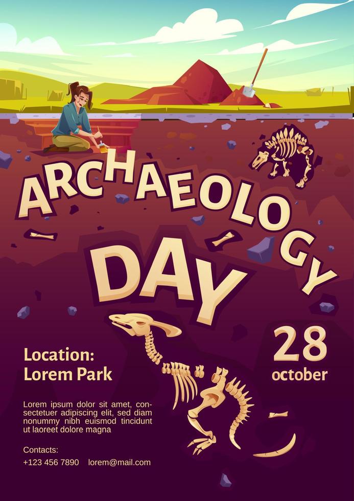 cartaz do dia da arqueologia com local de escavação vetor