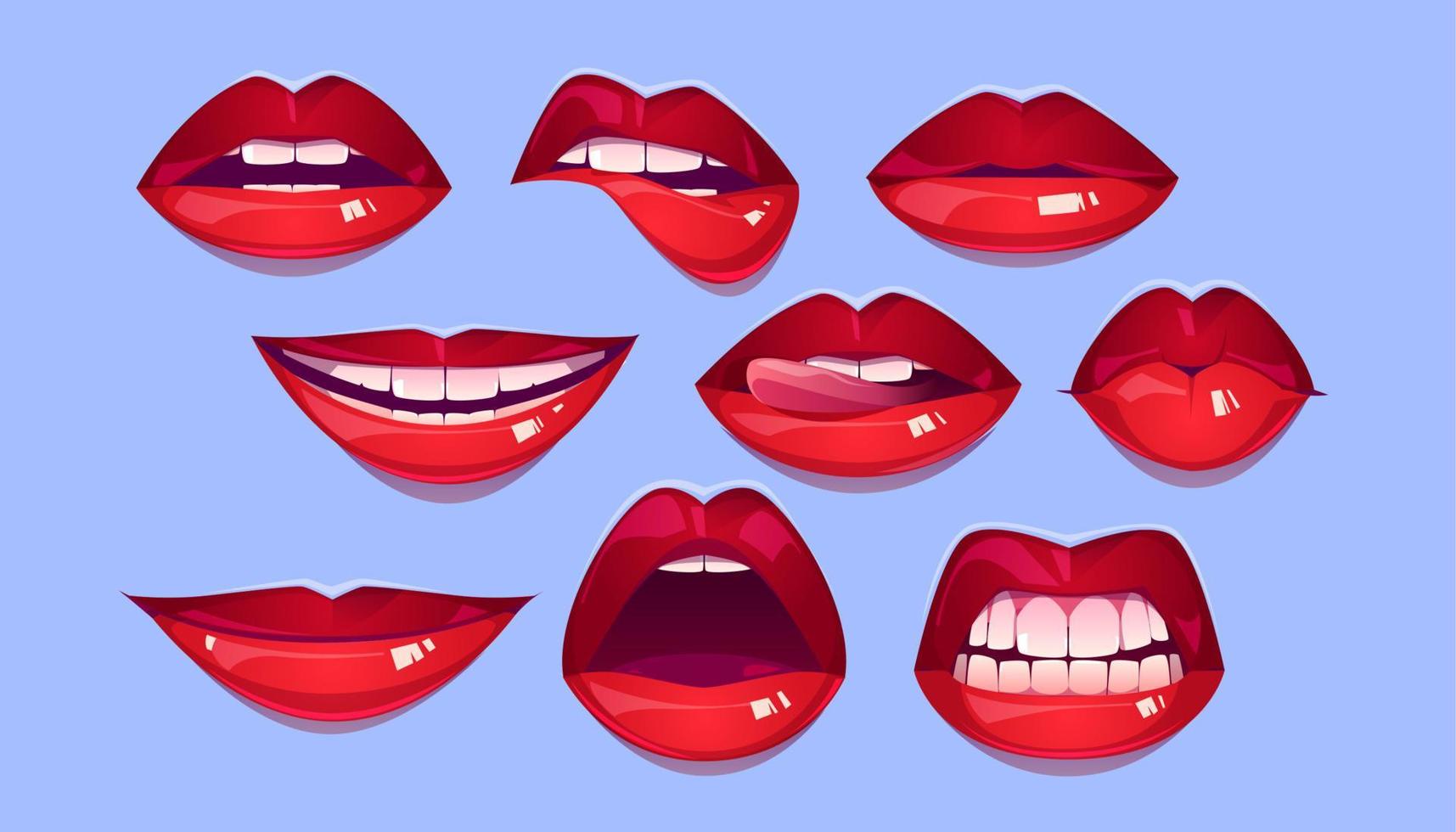lábios vermelhos femininos, boca de mulher sexy com sorriso, beijo vetor