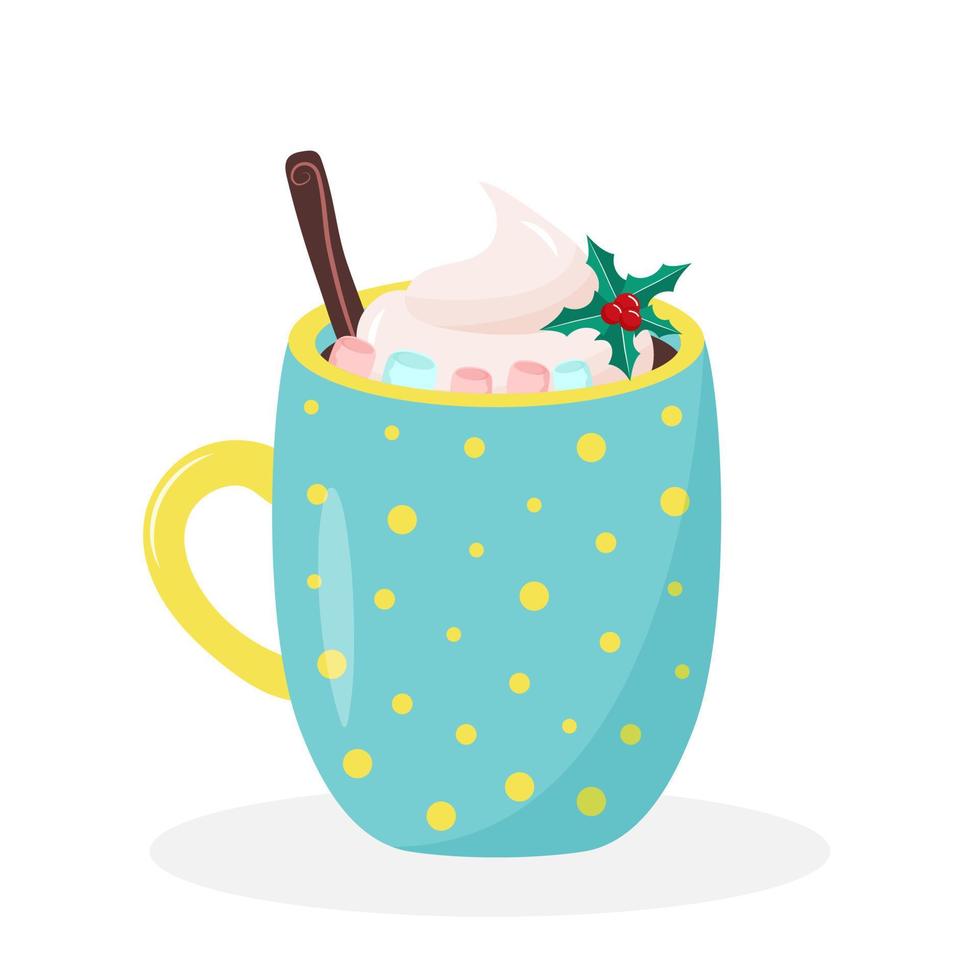 caneca de café de natal com chantilly, canela, marshmallow e baga de azevinho. bebida quente bonita isolada no fundo branco. vetor