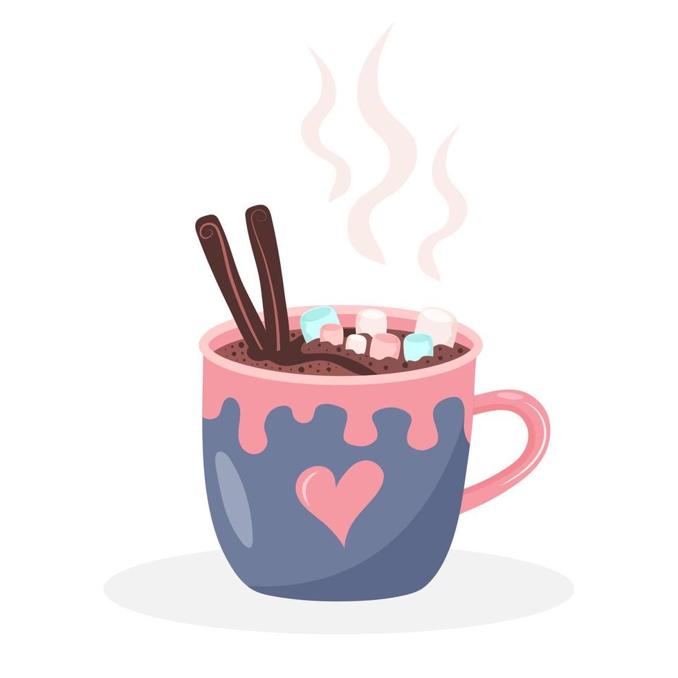 caneca de café com enfeite de coração, vapor, marshmallow e canela. bebida quente bonita isolada no fundo branco. vetor