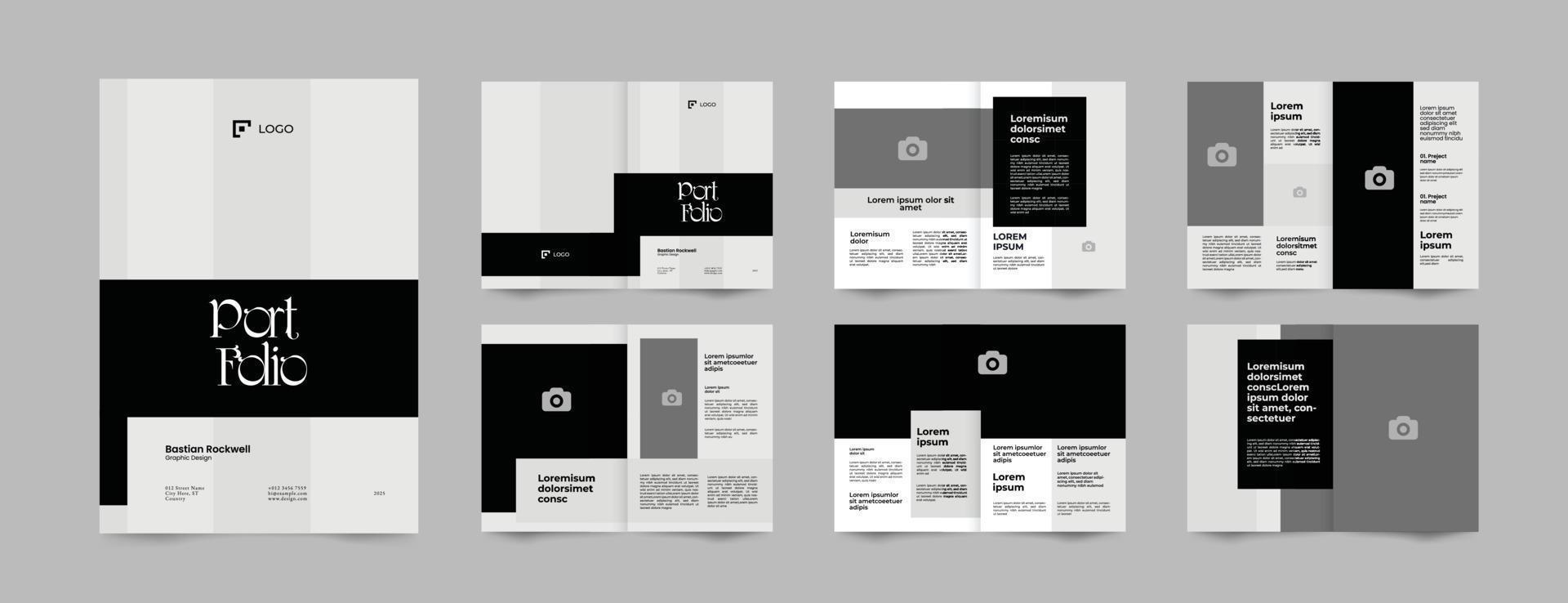 12 páginas de modelo de design de layout de portfólio de fotografia minimalista, revista, proposta, design de modelo de brochura de perfil vetor