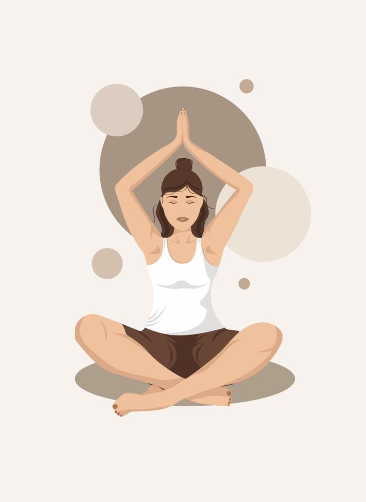 jovem sentada em posição de lótus praticando meditação. ilustração do conceito de meditação, ioga, estilo de vida saudável, descanso, relaxamento. vetor