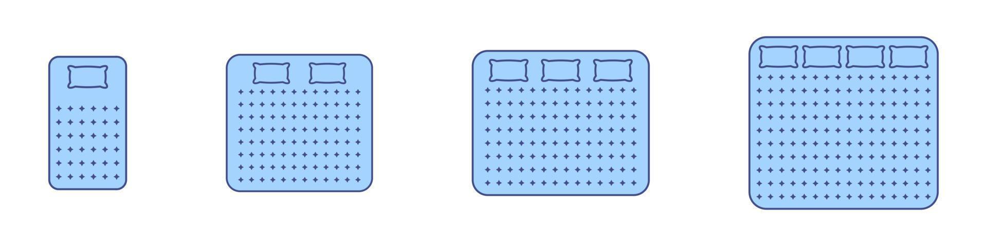 conjunto de ícones de silhueta de cor de tamanho de colchão e cama. medição do comprimento da cama para quarto no hotel ou pictograma doméstico. tamanhos de colchões para quarto de cama. ilustração vetorial isolada. vetor