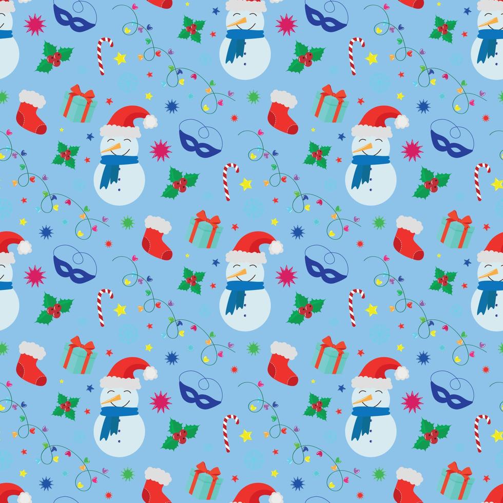 padrão perfeito de ano novo, atributos de natal em fundo azul, vetor plano, boneco de neve, bota, presente, visco, máscara, guirlanda