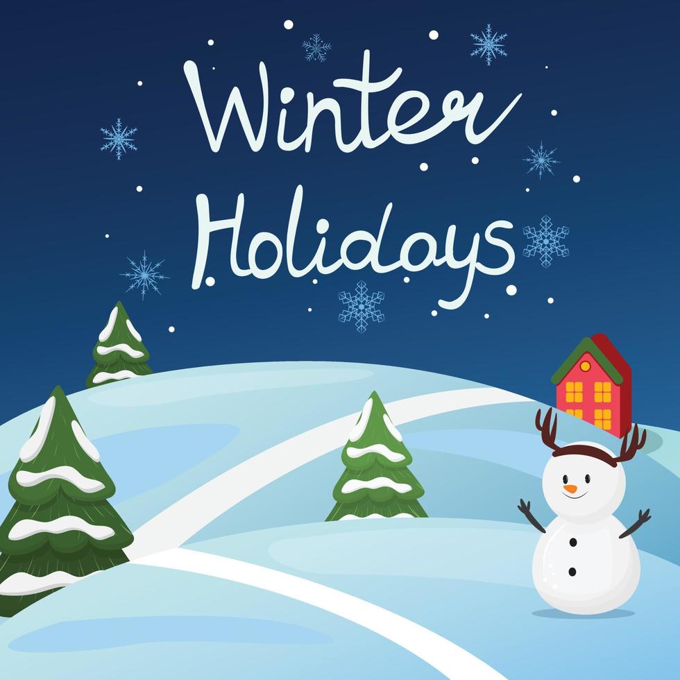 ilustração de inverno de um boneco de neve e paisagem à noite. fundo de férias. paisagem de noite de neve de inverno com um boneco de neve e uma casa. vetor