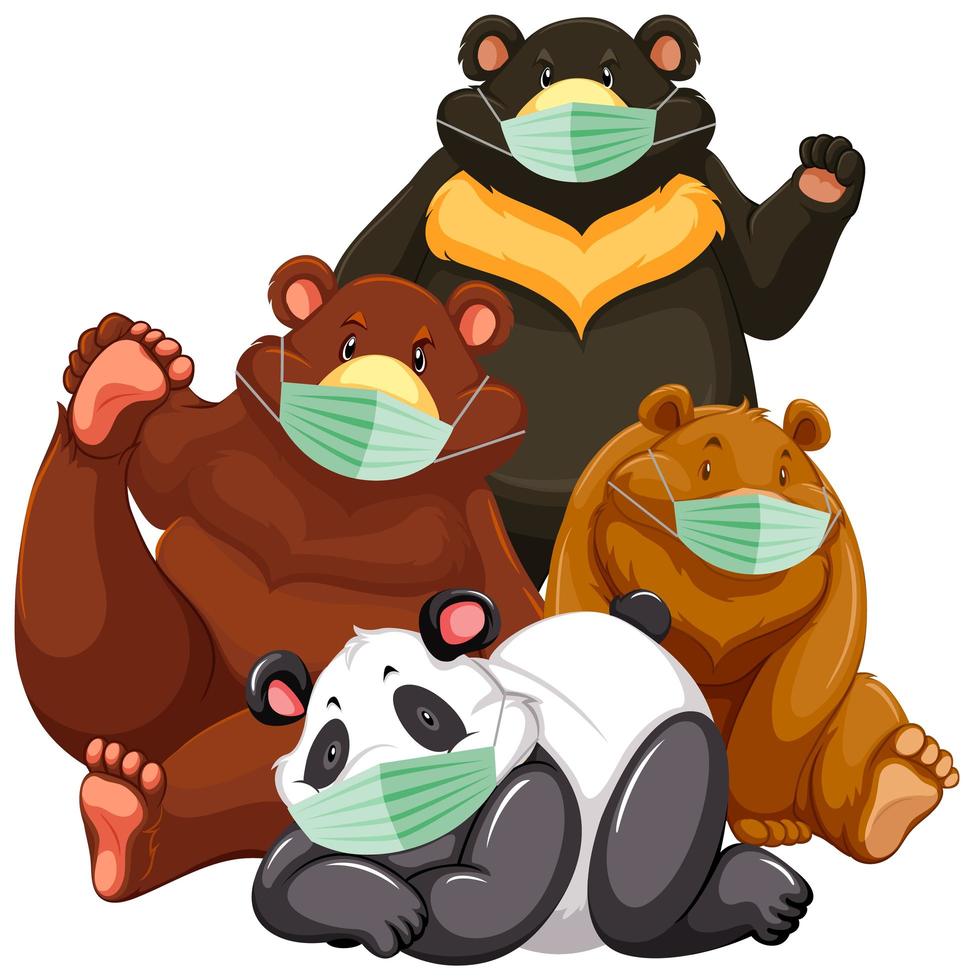 quatro tipos de personagem de desenho animado de urso usando máscara vetor