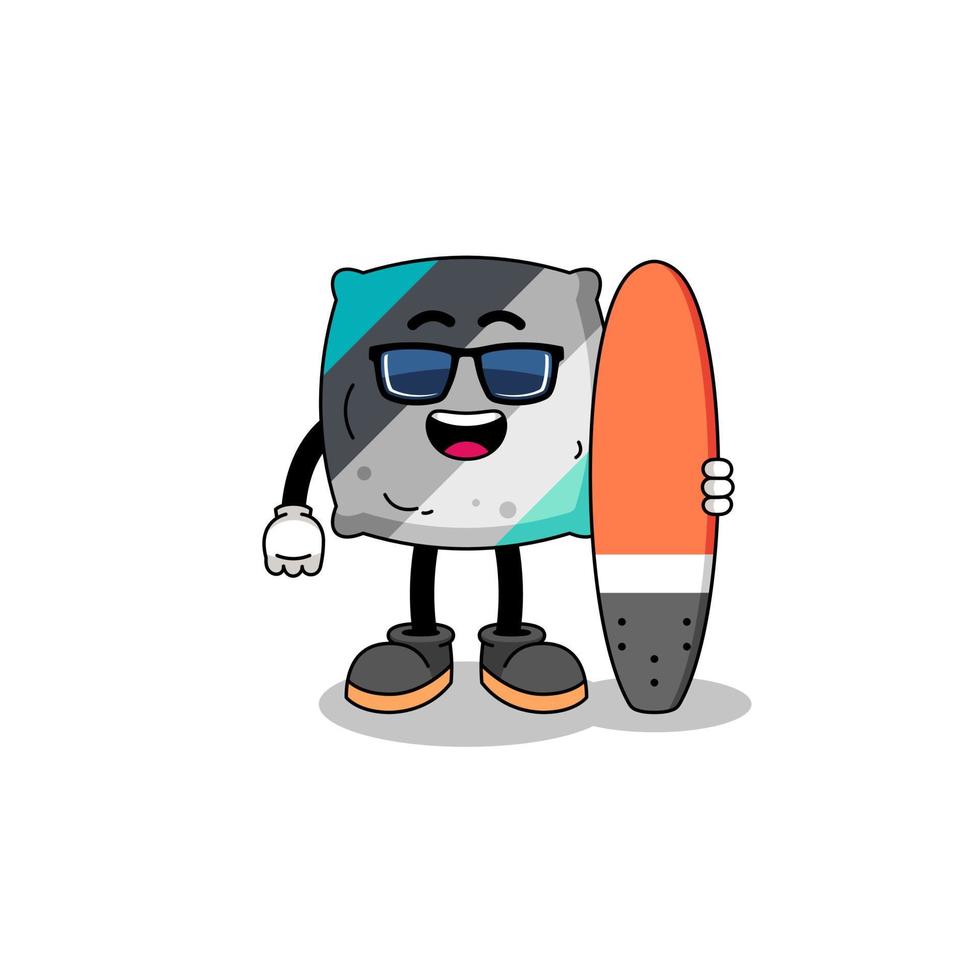 desenho de mascote de almofada como surfista vetor