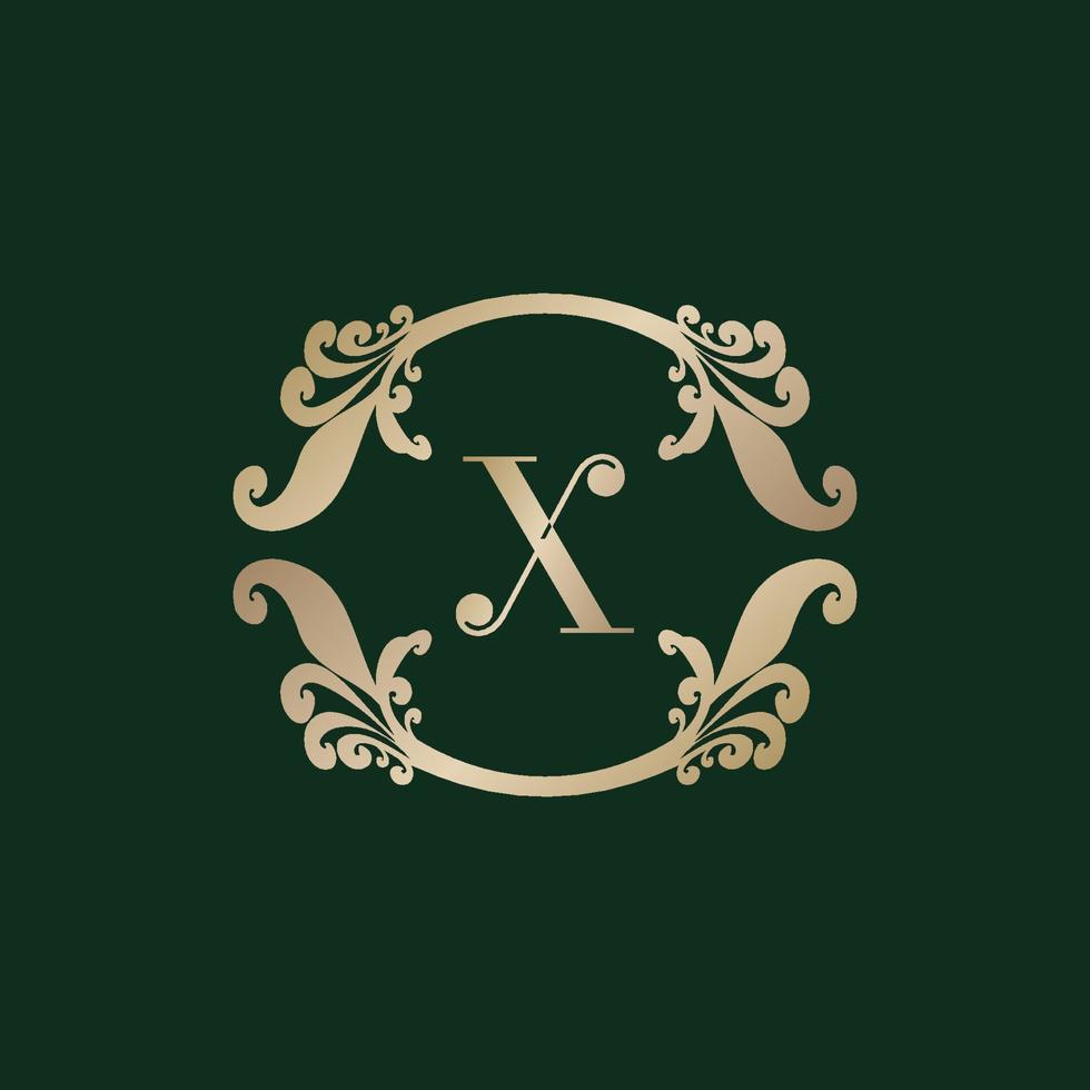 logotipo da letra x alfabeto com moldura dourada decorativa de luxo. elegante ornamento floral de cachos. vetor