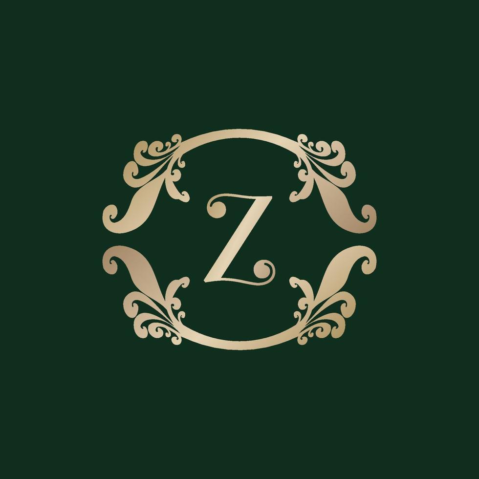 logotipo do alfabeto letra z com moldura dourada decorativa de luxo. elegante ornamento floral de cachos. vetor