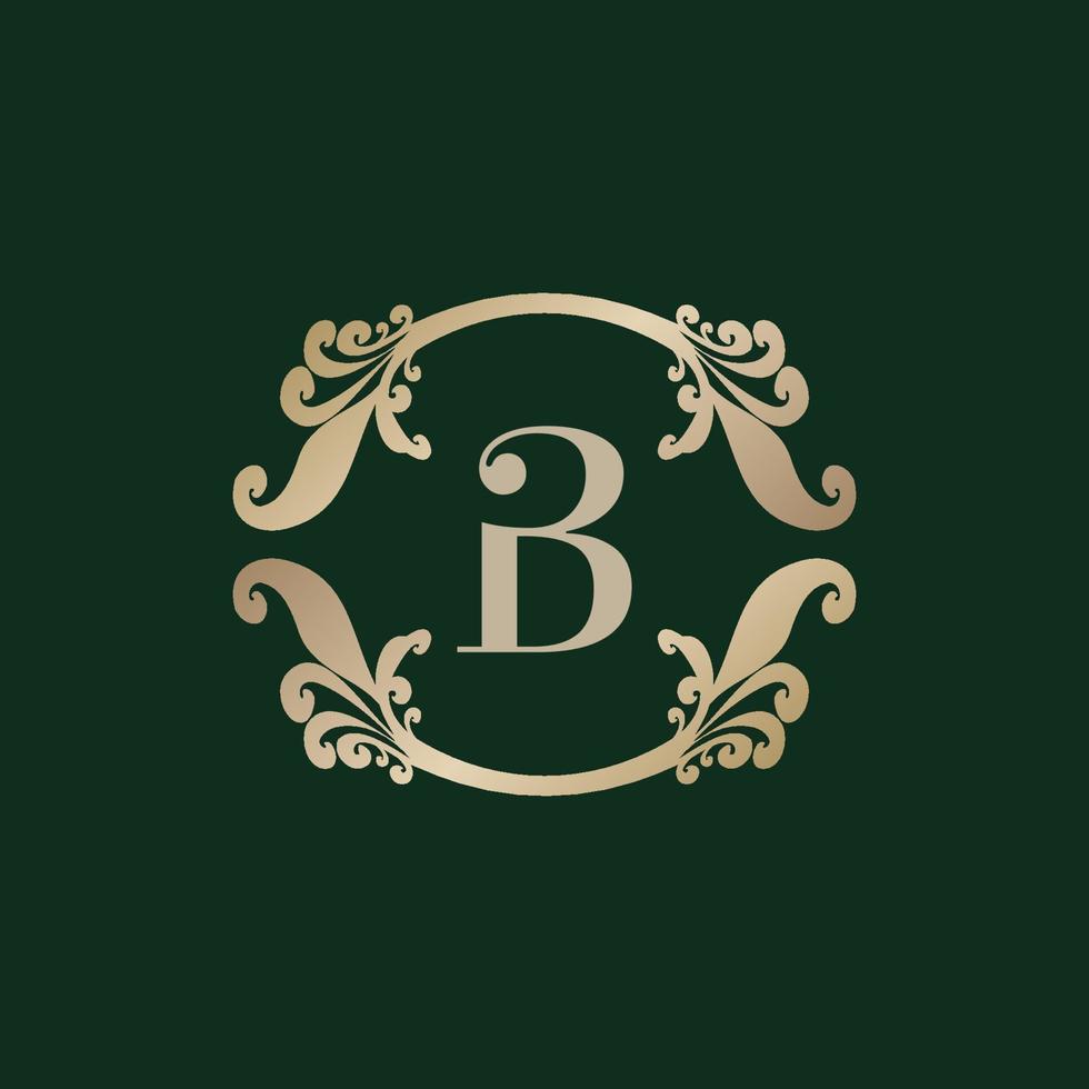 logotipo do alfabeto da letra b com moldura dourada decorativa de luxo. elegante ornamento floral de cachos. vetor