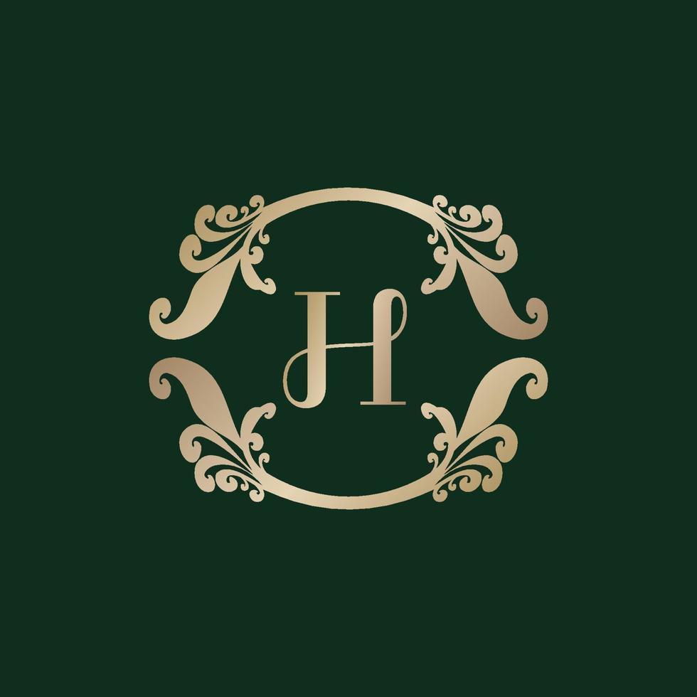 logotipo do alfabeto letra h com moldura dourada decorativa de luxo. elegante ornamento floral de cachos. vetor