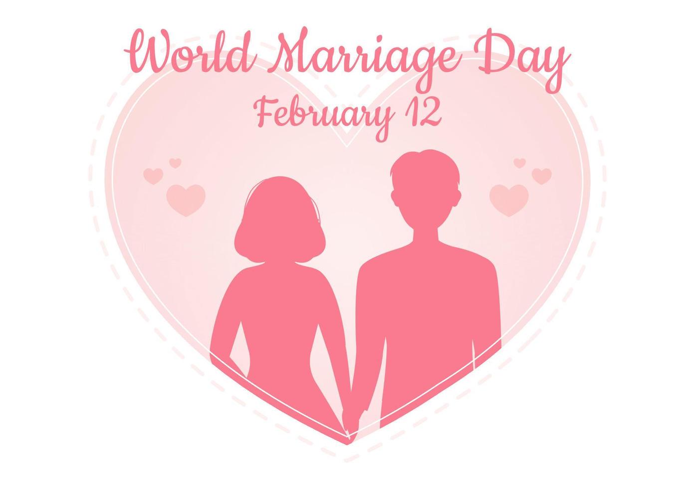 dia mundial do casamento em 12 de fevereiro com símbolo de amor para enfatizar a beleza e a lealdade de um parceiro na ilustração de modelos desenhados à mão de desenho animado plano vetor