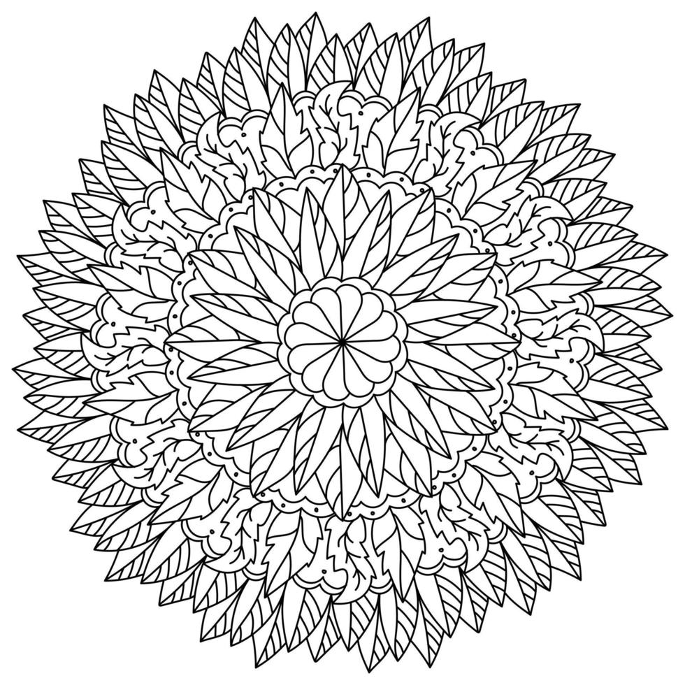mandala ornamentada com folhas de várias formas e flores no centro e padrões, página para colorir meditativa de outono vetor