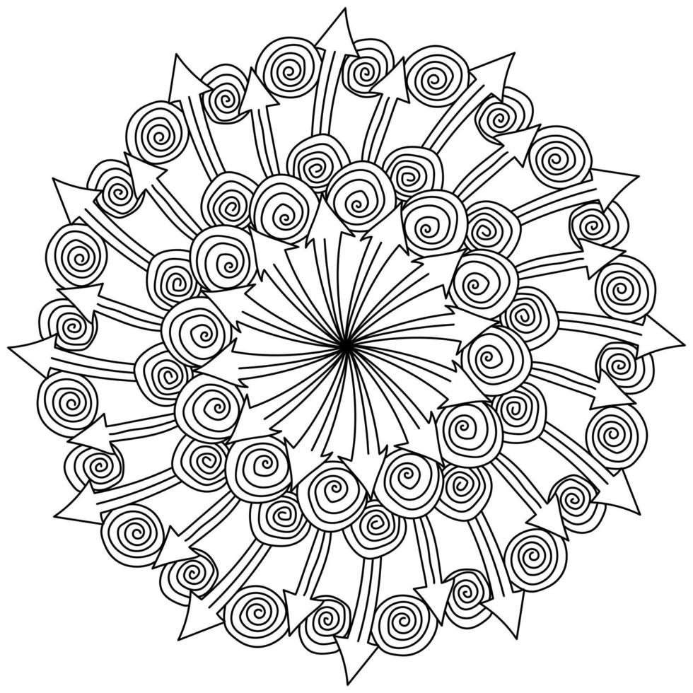 mandala de seta de contorno com espirais, página para colorir meditativa de motivos ornamentados vetor