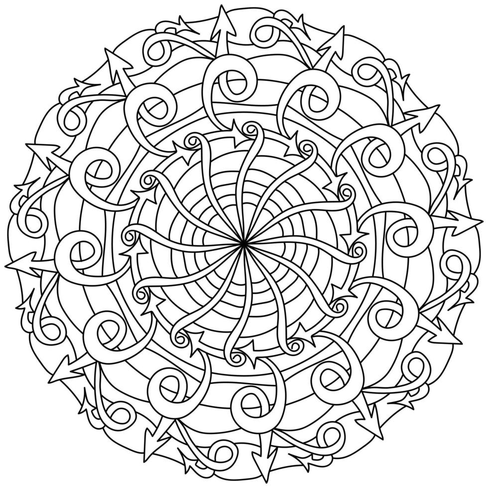 mandala de seta de contorno com redemoinhos, página para colorir meditativa de motivos ornamentados vetor