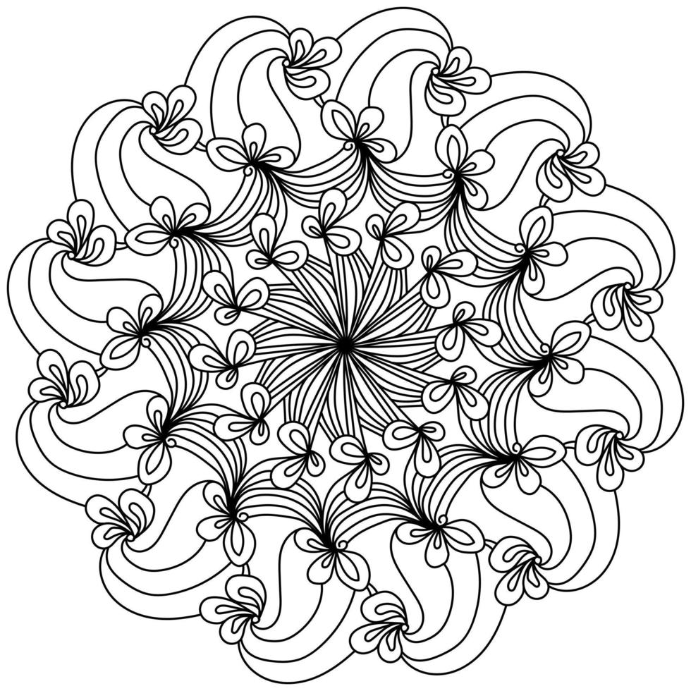 mandala de contorno com padrão ornamentado de pétalas frequentes, página para colorir meditativa com linhas suaves vetor