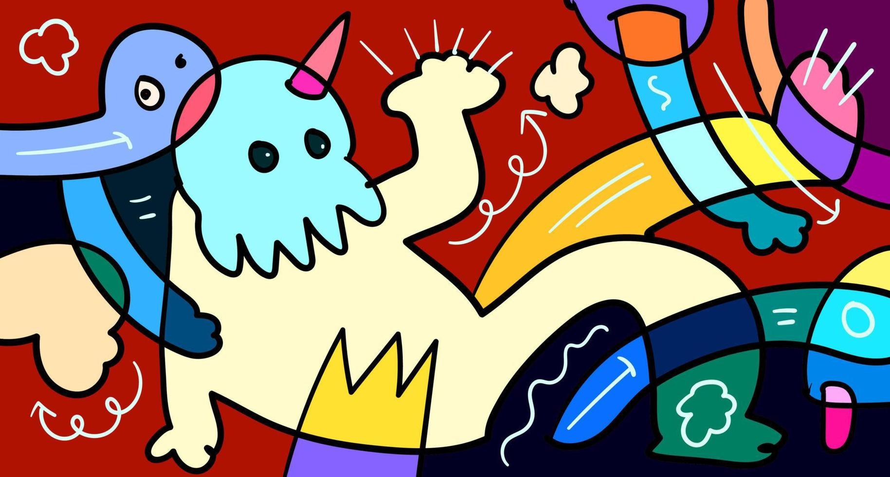 vector doodle abstrato colorido monstro desenhado à mão e ilustração animal para design de banner digital 2023