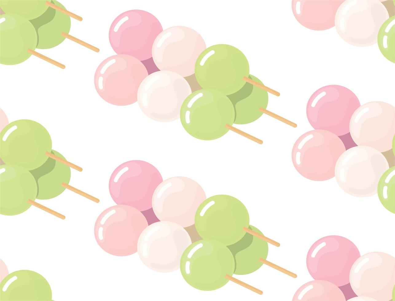 plano de fundo padrão sem costura com sobremesa de bolinho doce japonês dango. rosa, branco, verde 3 bolas servidas no espeto. papel de parede fofo de comida asiática, impressão, pano de fundo vetor