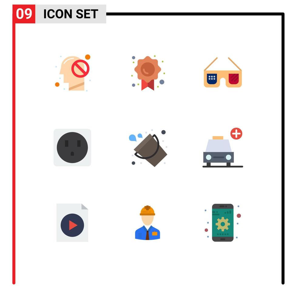 pacote de 9 sinais e símbolos modernos de cores planas para mídia de impressão na web, como óculos de sol de fogo de ferramenta balde elementos de design de vetores editáveis elétricos
