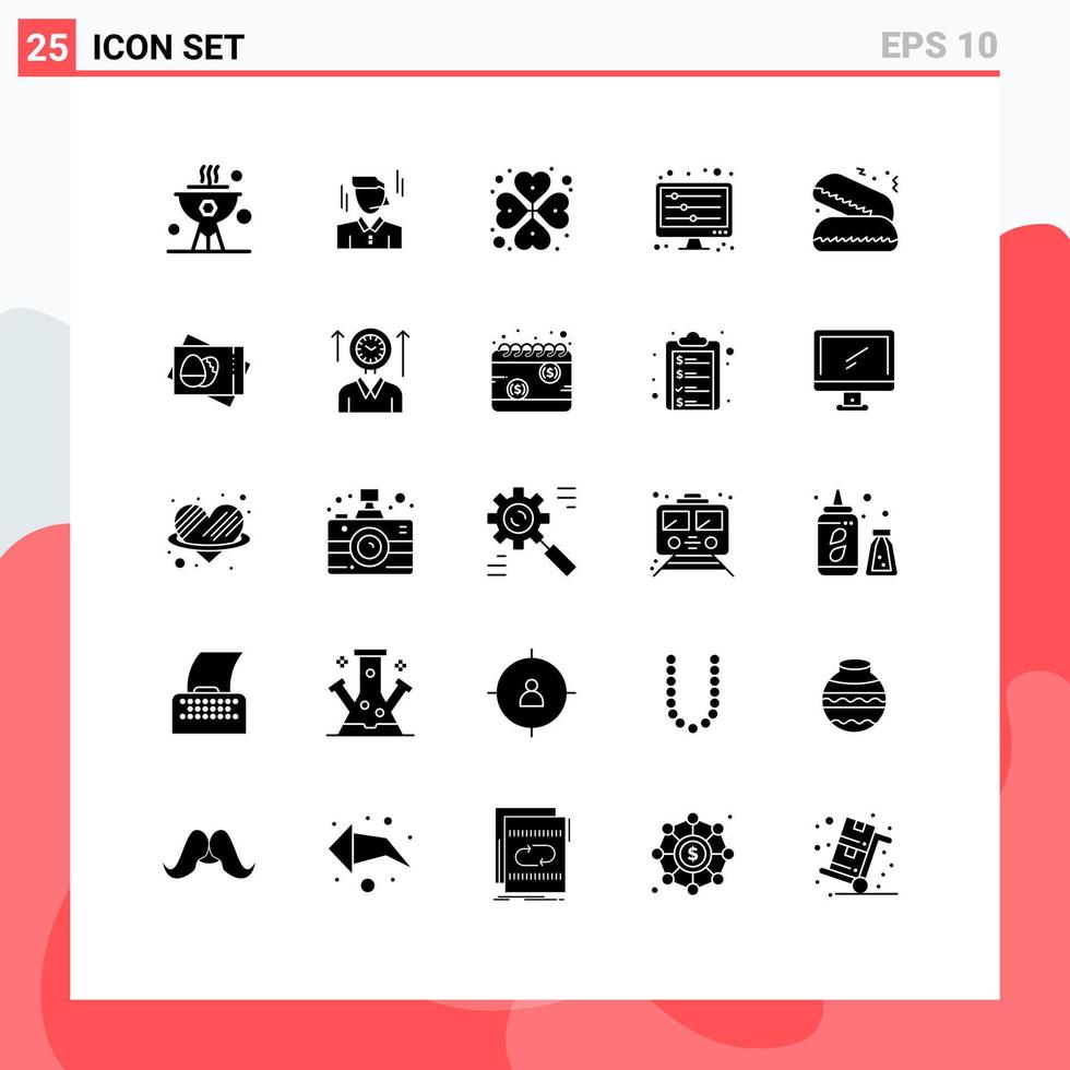 25 glifos sólidos universais definidos para aplicações web e móveis ondas de comida equalizador de ondas sonoras do coração elementos editáveis de design vetorial vetor