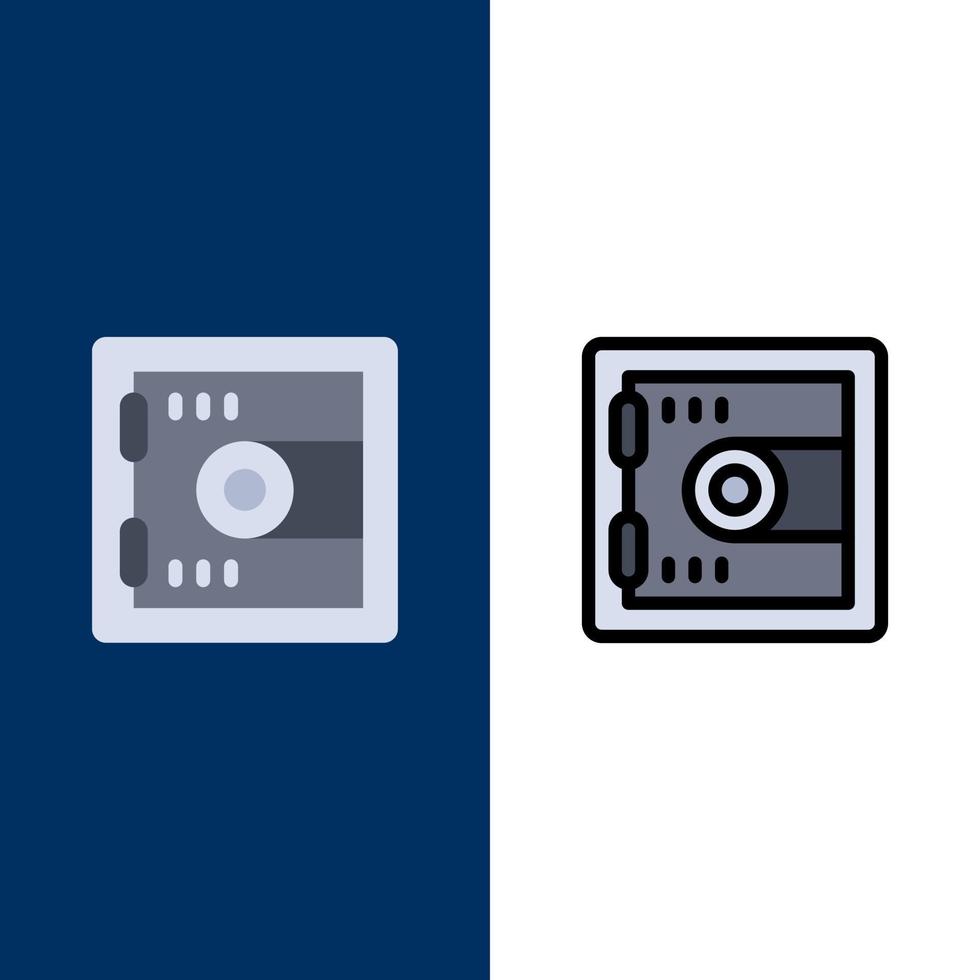ícones de motivação de bloqueio de armário plano e conjunto de ícones cheios de linha vector fundo azul