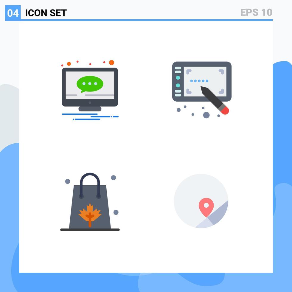 4 conceito de ícone plano para sites móveis e aplicativos, bolsa de bate-papo, notificação, caneta, compras, elementos de design de vetores editáveis