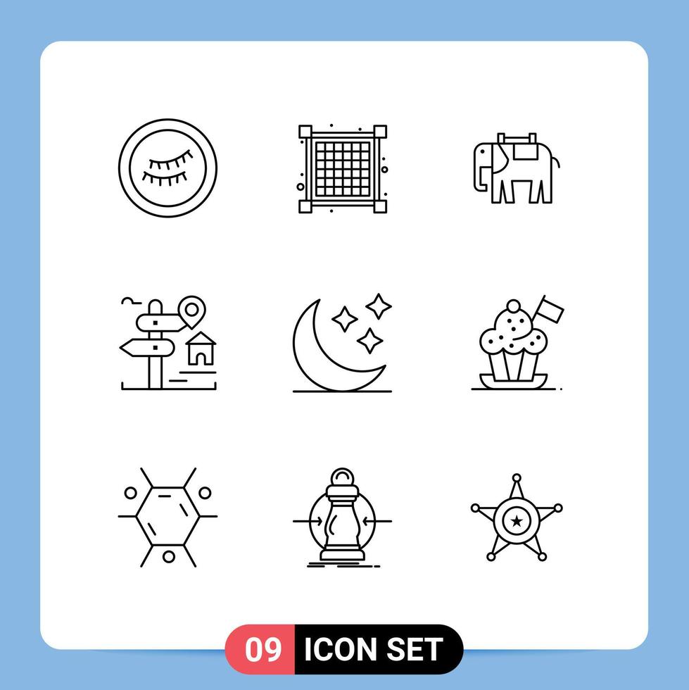 pacote de interface de usuário de 9 contornos básicos de tempo natureza lua indiana elementos de design de vetores editáveis