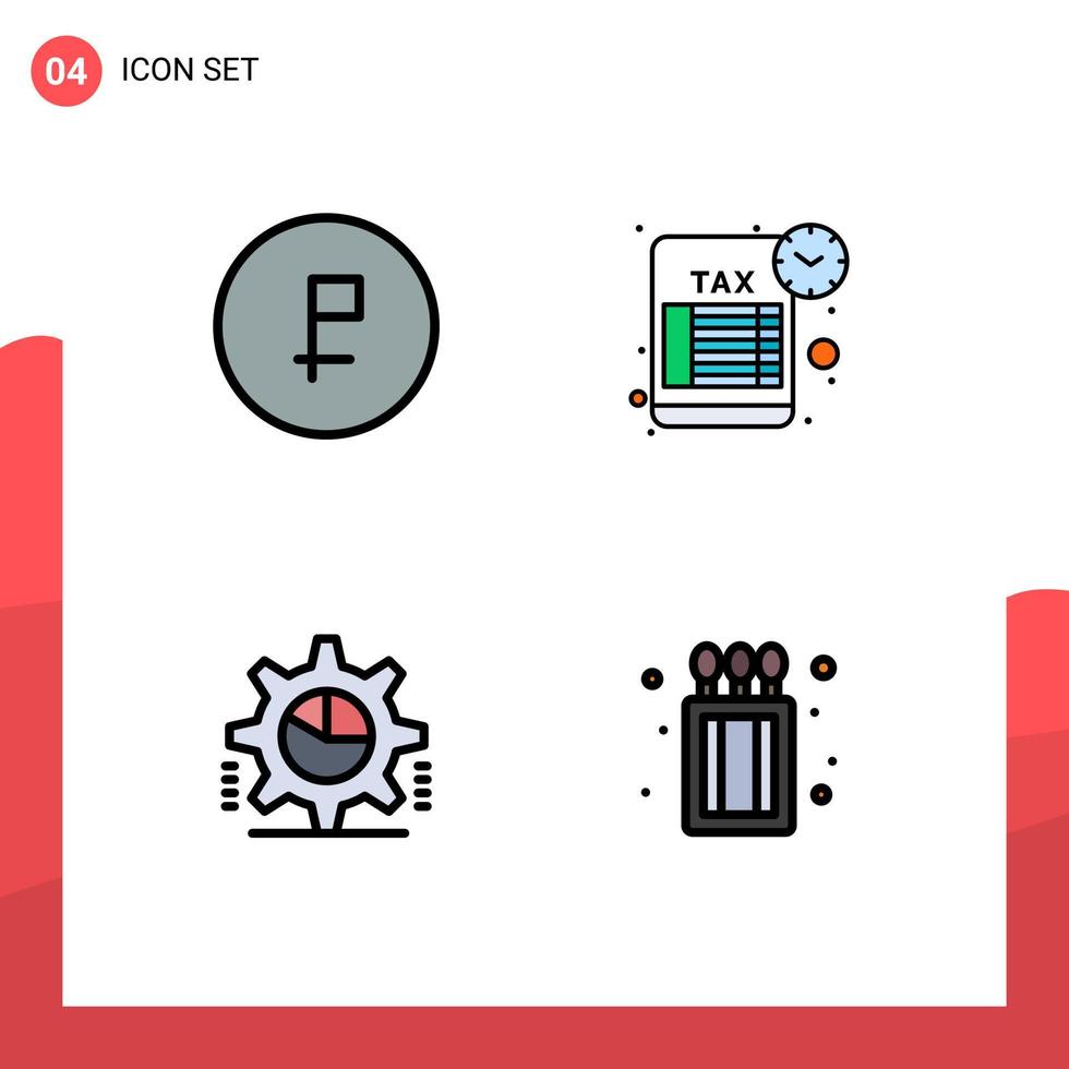 conjunto de cores planas de linha preenchida de interface móvel de 4 pictogramas de cronograma de finanças de negócios gráfico de pizza editável elementos de design vetorial vetor